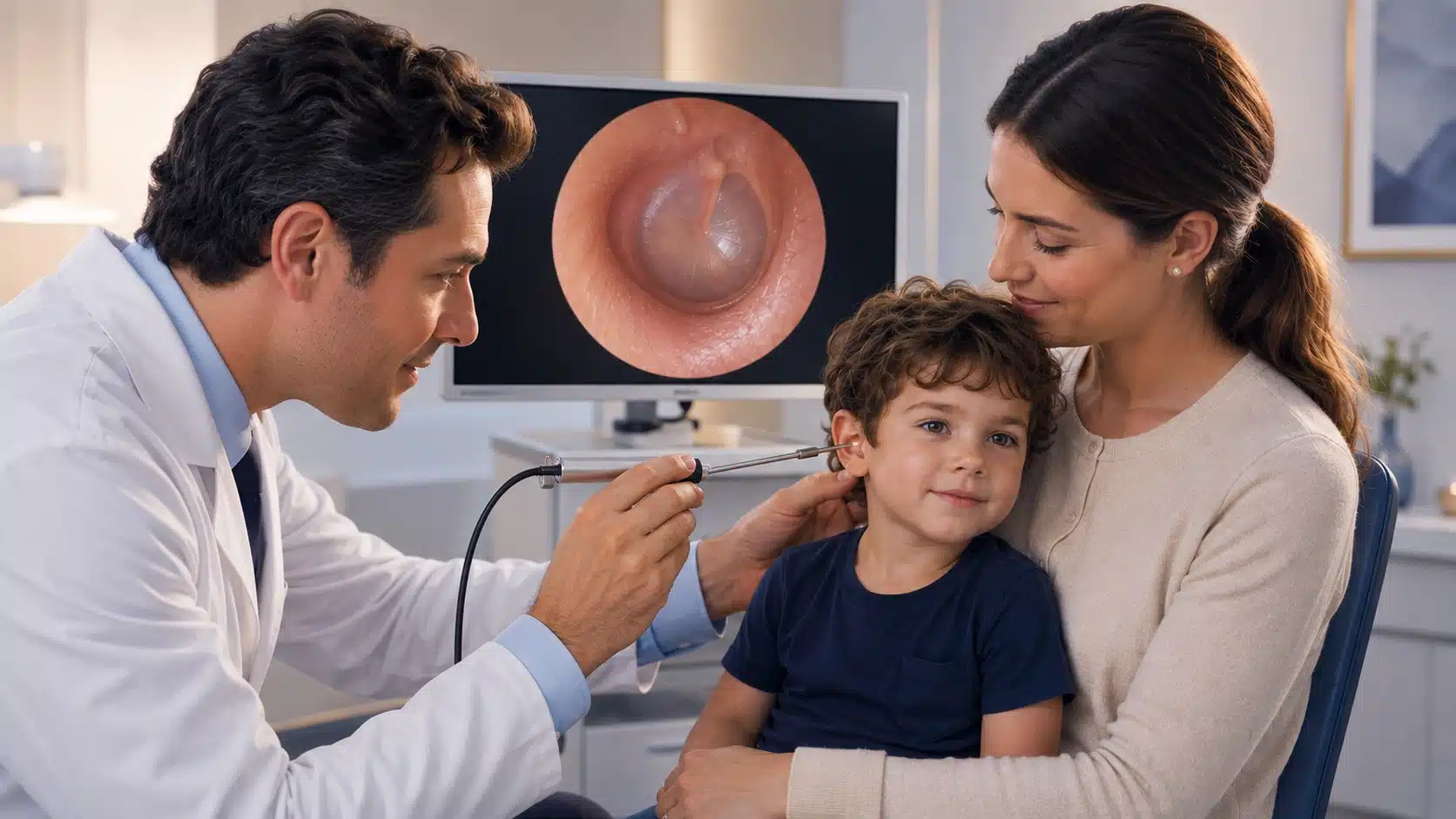 Médico examina o ouvido de uma criança com endoscópio rígido, com a imagem do tímpano no monitor