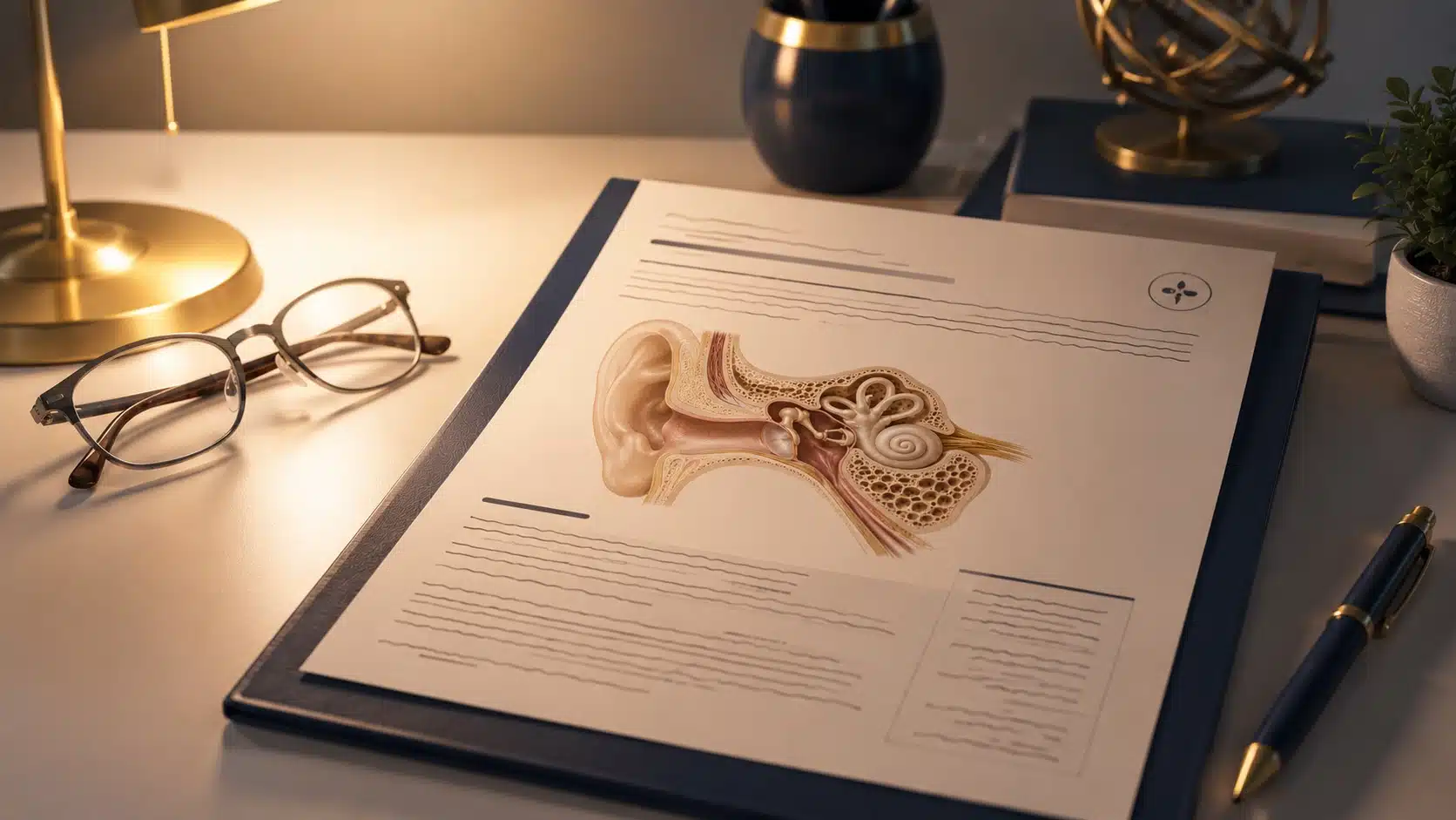 Laudo médico com diagrama do ouvido sobre a mesa, representando a otite média crônica colesteatomatosa
