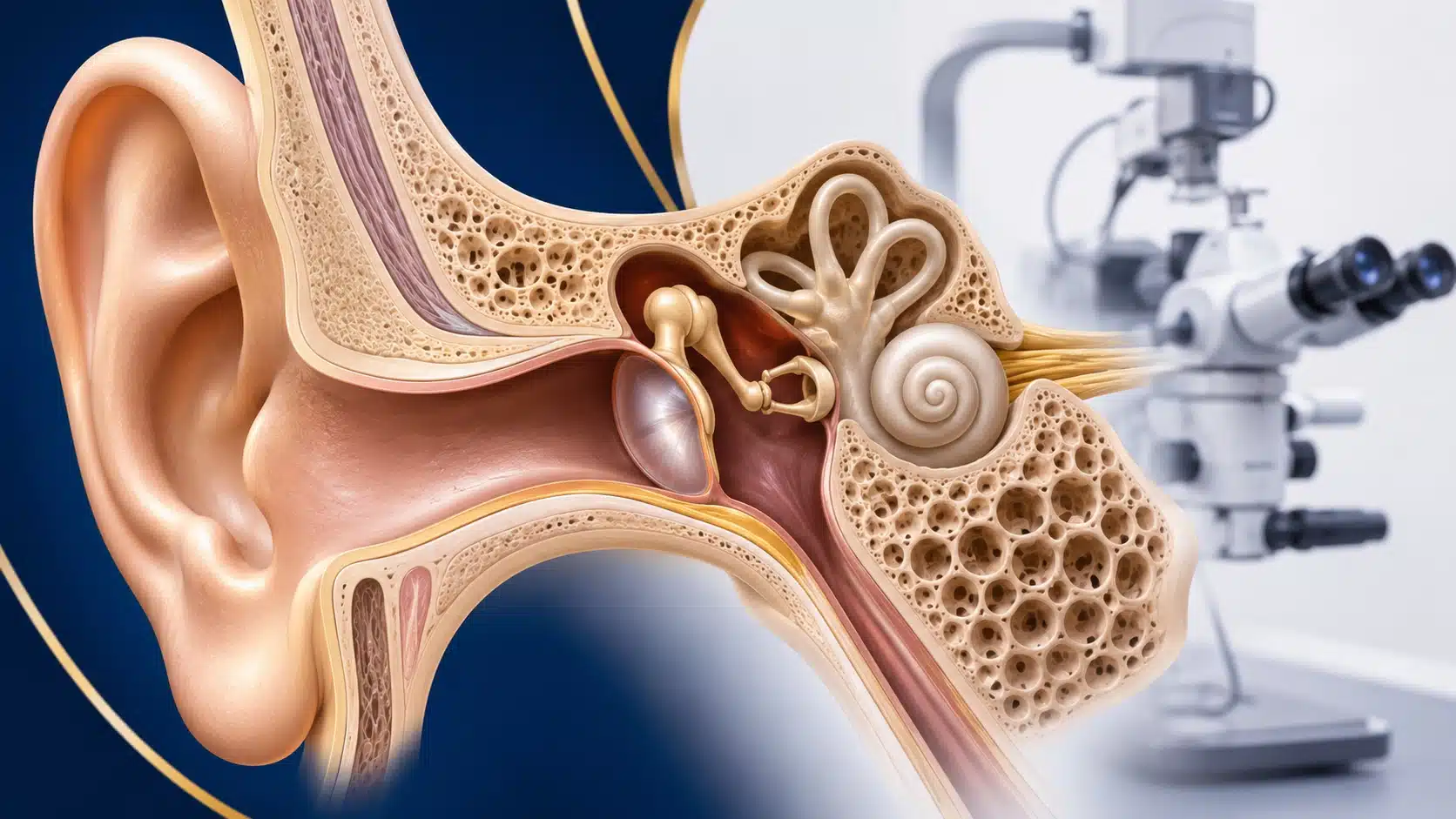 Ilustração da anatomia do ouvido na timpanomastoidectomia, com tímpano, ossículos e mastoide, e microscópio cirúrgico ao fundo